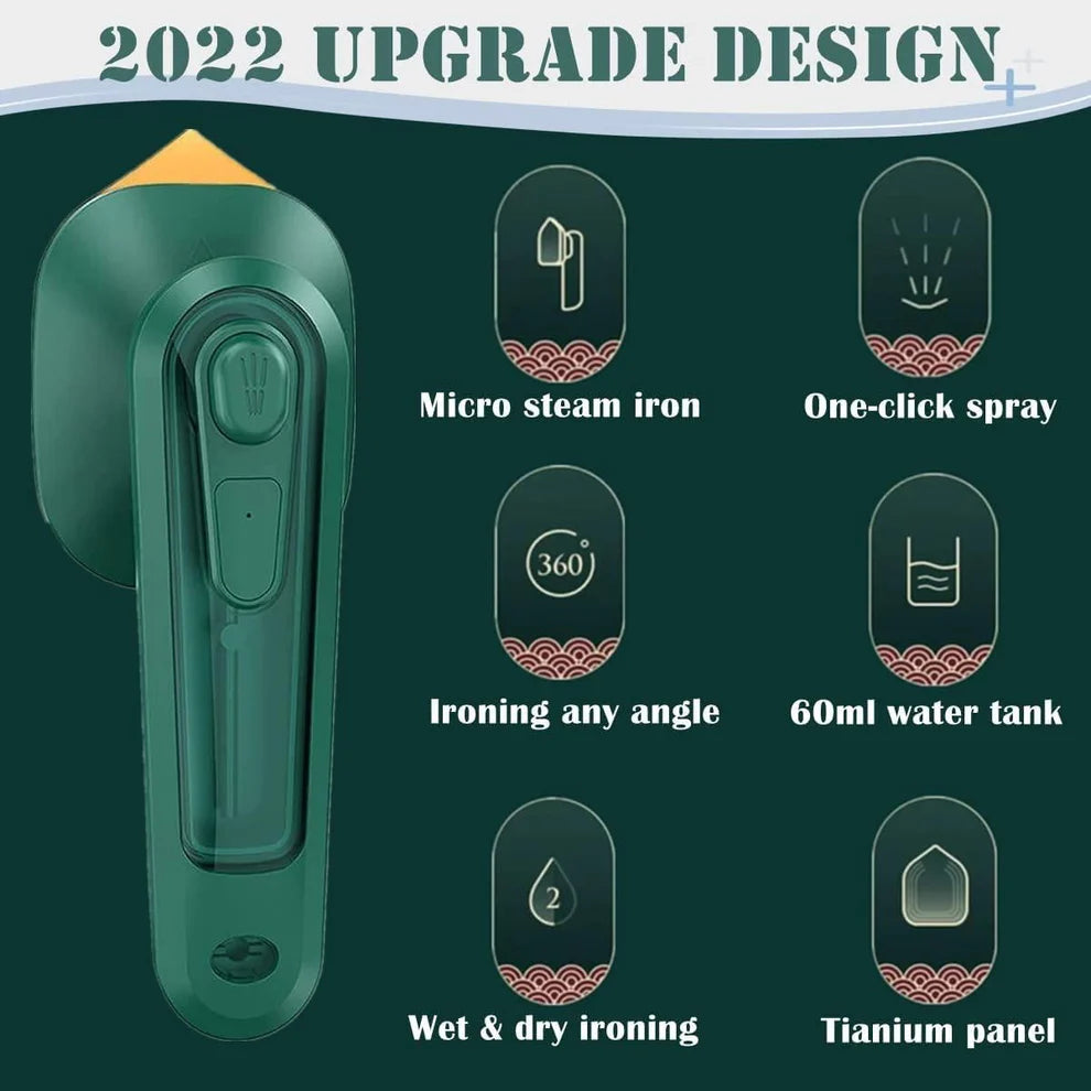 Portable Micro Steam –Handheld Green Garment Steamer for Dry & Wet Ironing, Fast-Heat, Lightweight Wrinkle Remover, Mini Ironing Machine for Home &Office