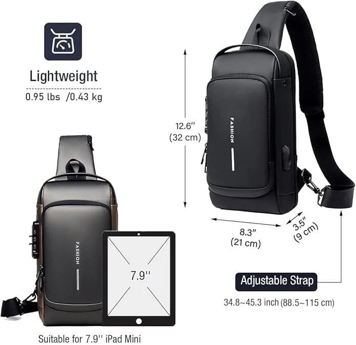 Waterproof Polyester Unisex Crossbody Sling Bag - Anti Theft Chest Backpack for Men & Women - Chest Bag With USB Charging Port - Shoulder Travel Bagpack for Outdoor Work, Hiking