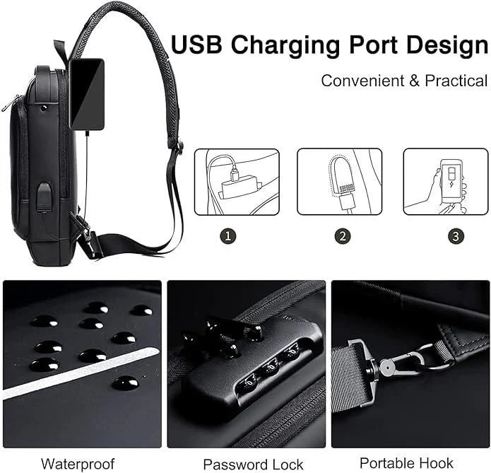 Waterproof Polyester Unisex Crossbody Sling Bag - Anti Theft Chest Backpack for Men & Women - Chest Bag With USB Charging Port - Shoulder Travel Bagpack for Outdoor Work, Hiking