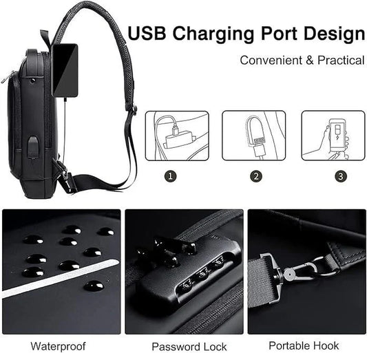 Waterproof Polyester Unisex Crossbody Sling Bag - Anti Theft Chest Backpack for Men & Women - Chest Bag With USB Charging Port - Shoulder Travel Bagpack for Outdoor Work, Hiking